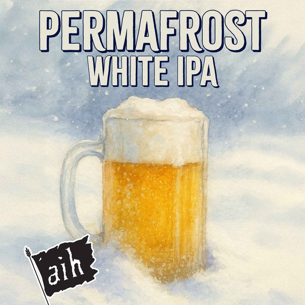 Mug of Permafrost White IPA with snowflakes in the background