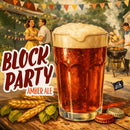 Vintage-style illustration of a neighborhood block party with an amber ale, wheat, man grilling and a couple dancing in the background. With thewords Block Party Amber Ale.