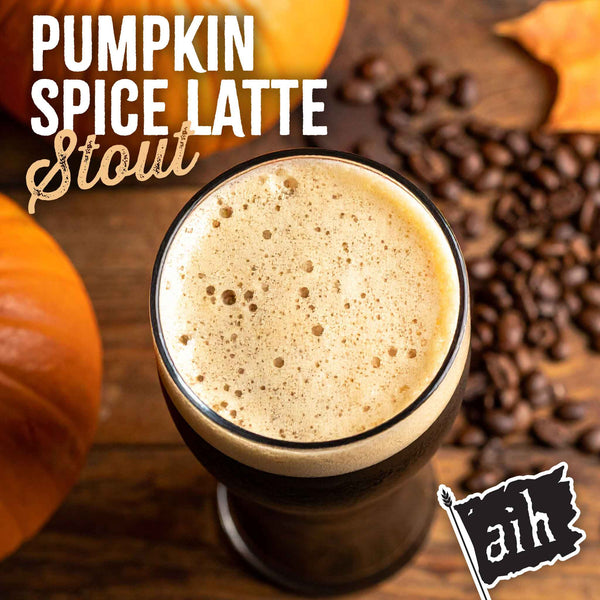 Glass of pumpkin spice latte stout with pumpkins and coffee beans on a wooden background