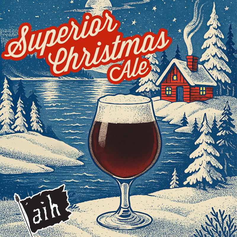 Vintage-style Christmas Ale label with a glass of ale, snowy landscape, and cabin.