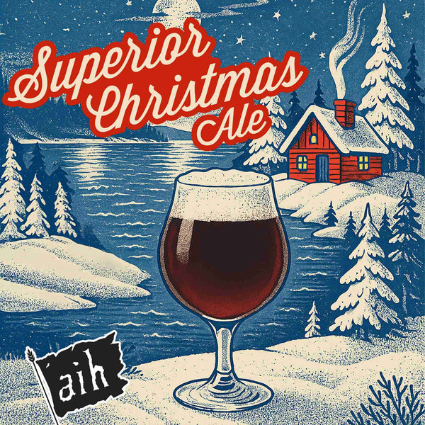 Winter scene with a glass of ale and text 'Superior Christmas Ale' over a snowy landscape.