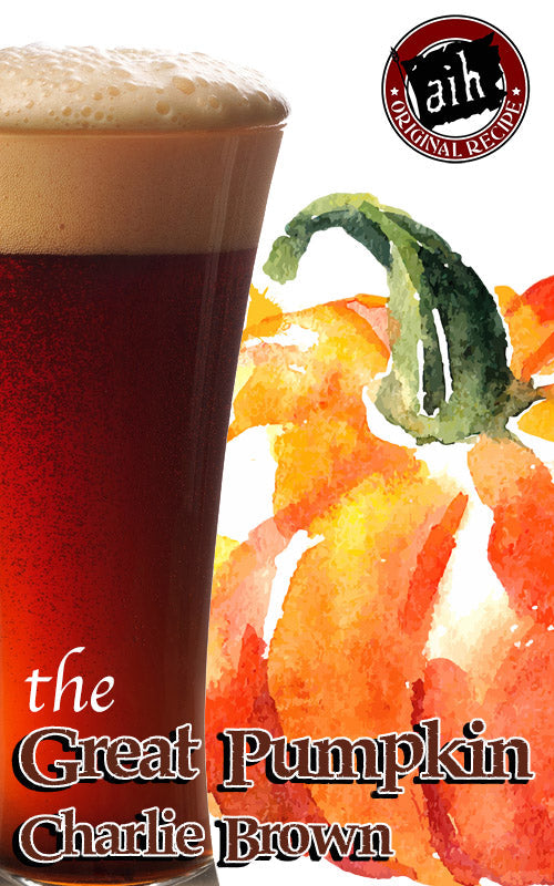 Glass of dark beer with foam and watercolor pumpkins on a white background, featuring 'the Great Pumpkin Charlie Brown' text.