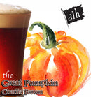 Glass of dark beer next to a watercolor pumpkin with 'aih' logo and text 'the Great Pumpkin Charlie Brown'.