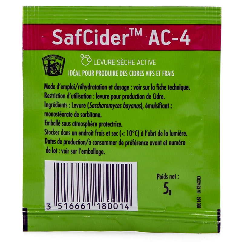 Backside of SafCider™ AC-4 Dry Yeast (5g) packet.