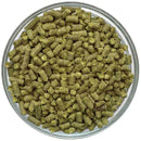 Detail-view of UK First Gold Hop Pellets in a bowl