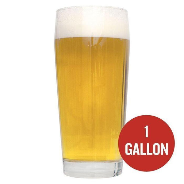 German Blonde ale in a glass with the text "1 gallon" written in a red circle