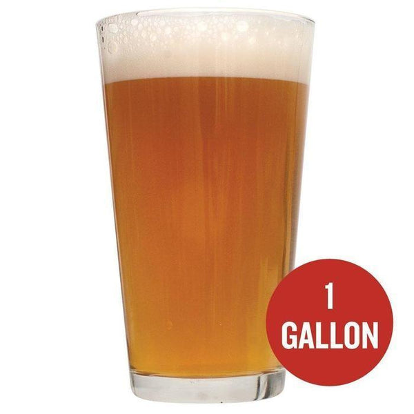 Chinook IPA homebrew in a glass with a red circle containing the text "One gallon"