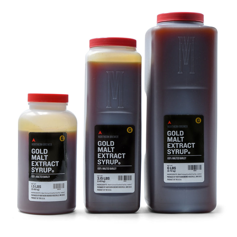 1.5-, 3.15-, and 6-pound containers of Briess gold malt extract syrup