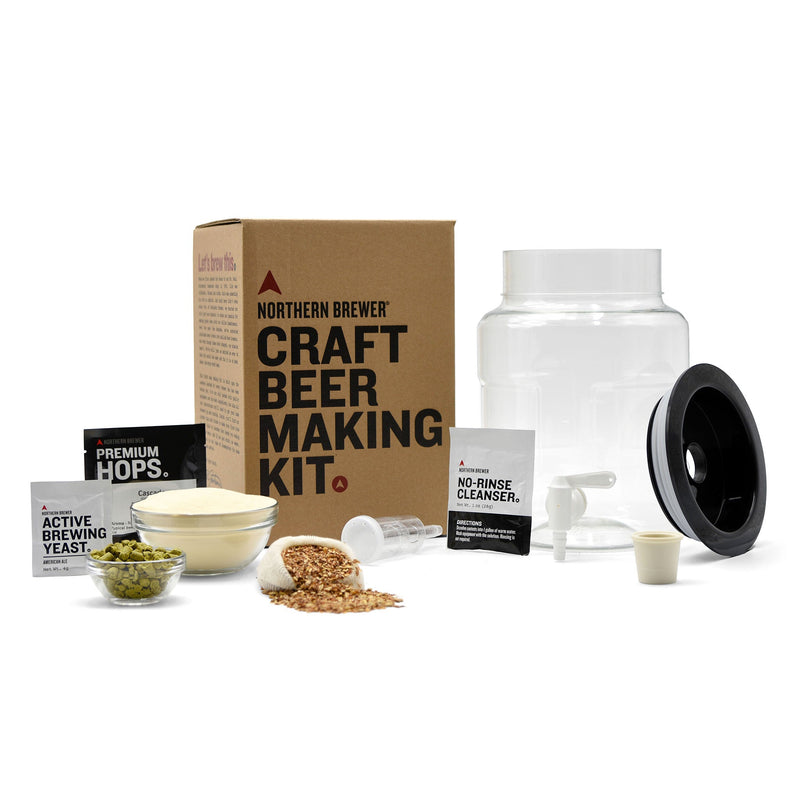 A picture of the Essential Beer Making Kit from Northern Brewer & all of its contents