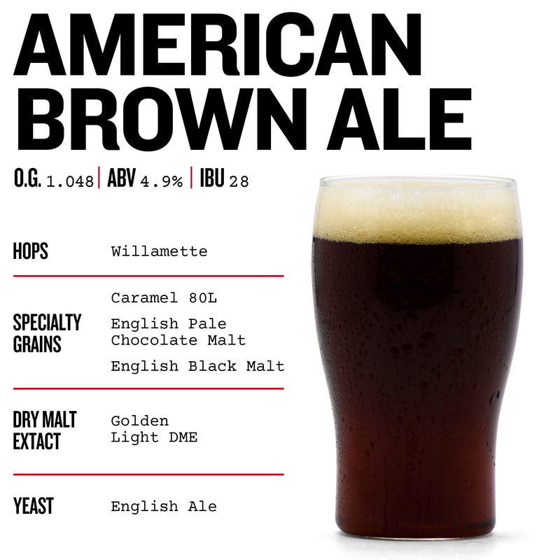 Brown ale in a glass with ingredients listed