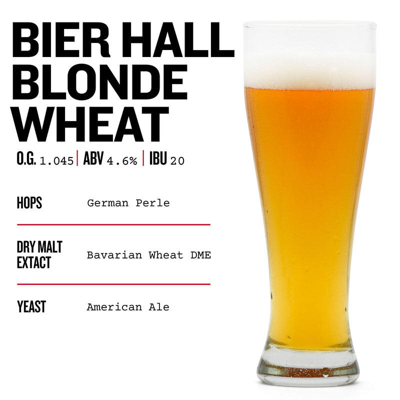 Bier Hall blonde wheat beer in a glass with ingredients listed