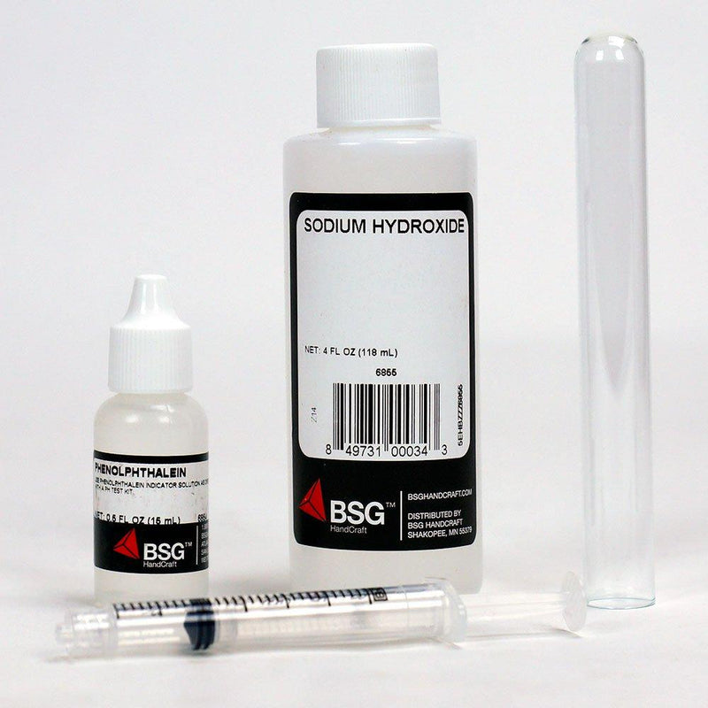 Sodium hydroxide, color indicator solution, a syringe, and a glass vial