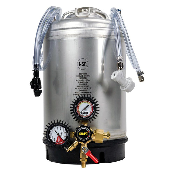 3-Gallon Keg System with a regulator attached to the front, and liquid and gas tubing draped over the handles.