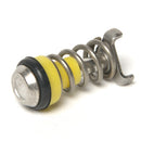 A yellow and black poppet valve for a Cornelius keg, with a metal spring and clamp.