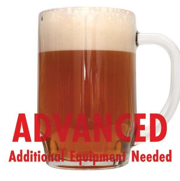 Phat Tyre Amber Ale in a drinking glass with a customer caution in red text: "Advanced, additional equipment needed" to brew this recipe kit