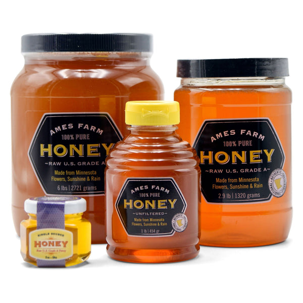 Group of Ames Farm Artisanal Minnesota Honey in various sizes.