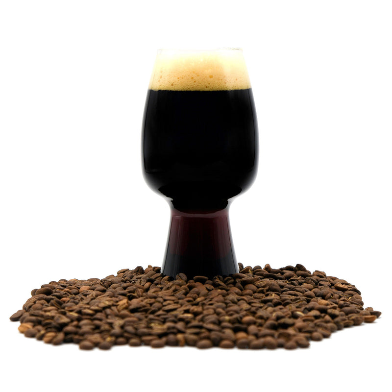 Blue Collar Coffee Stout surrounded by coffee beans!