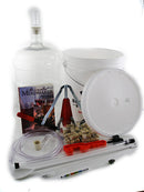 A comprehensive mead making equipment kit, including a 5-gallon plastic carboy, a 7.9-gallon plastic fermenter with grommeted lid, an auto-siphon, airlocks, a triple scale hydrometer, a plastic bucket opener, a double-lever corker, a siphon hose, a spring-loaded bottle filler, and wine corks.