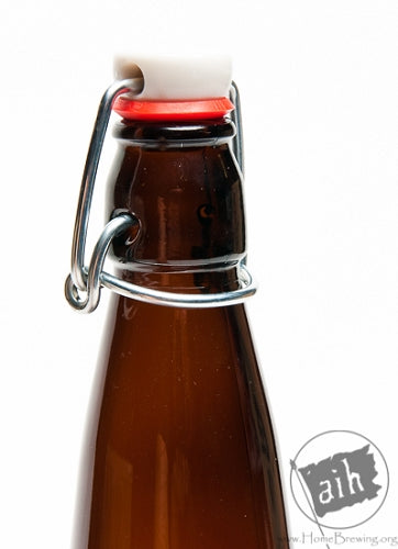 The neck of an E.Z. cap swing top beer bottle with the top closed. 