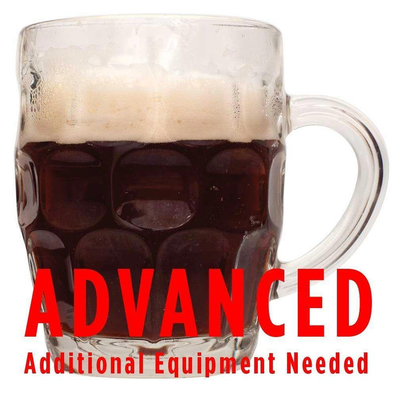 Winter Warmer ale in a mug with a customer caution in red text: "Advanced, additional equipment needed" to brew this recipe kit