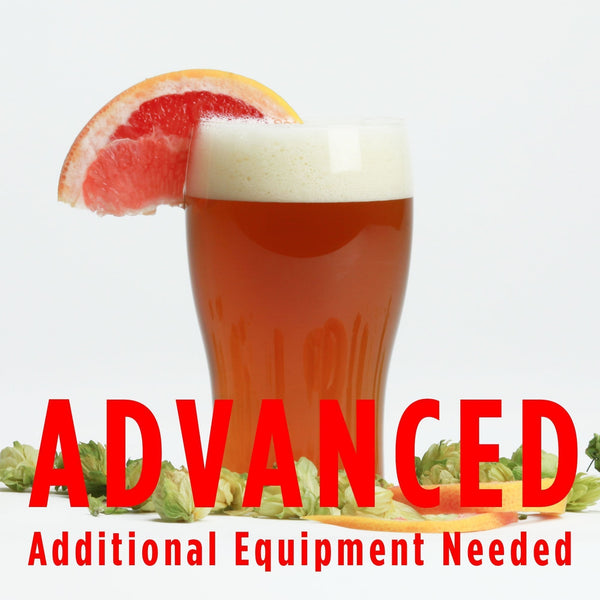 Fresh Squished homebrew in a glass with a grapefruit wedge. Text at the bottom reads "Advanced, additional equipment needed" as a warning for all-grain brewers