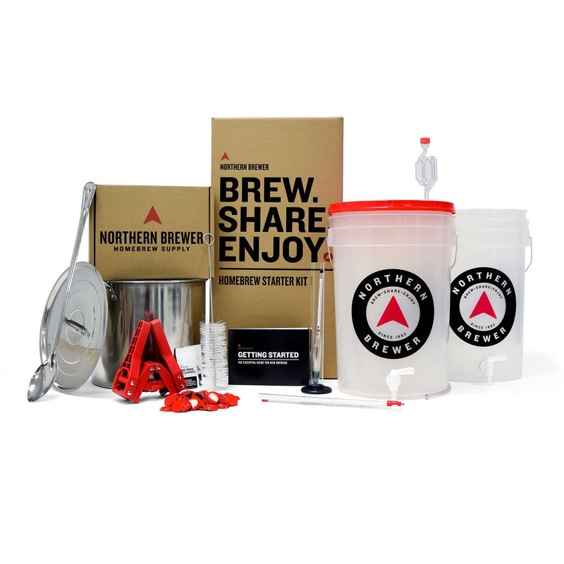 All of the contents of the Northern Brewer Brew Share Enjoy Homebrew starter kit with Testing Equipment