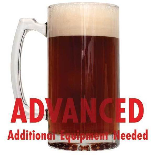Caribou Slobber homebrew in a glass with an All-Grain warning: "Advanced, additional equipment needed"