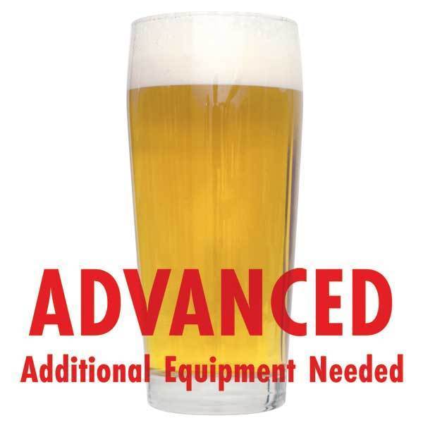 Kolsch homebrew in a glass with an All-Grain caution in red text: "Advanced, additional equipment needed"