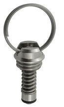 Stainless steel pressure relief valve with a spring and a looped wire on top.